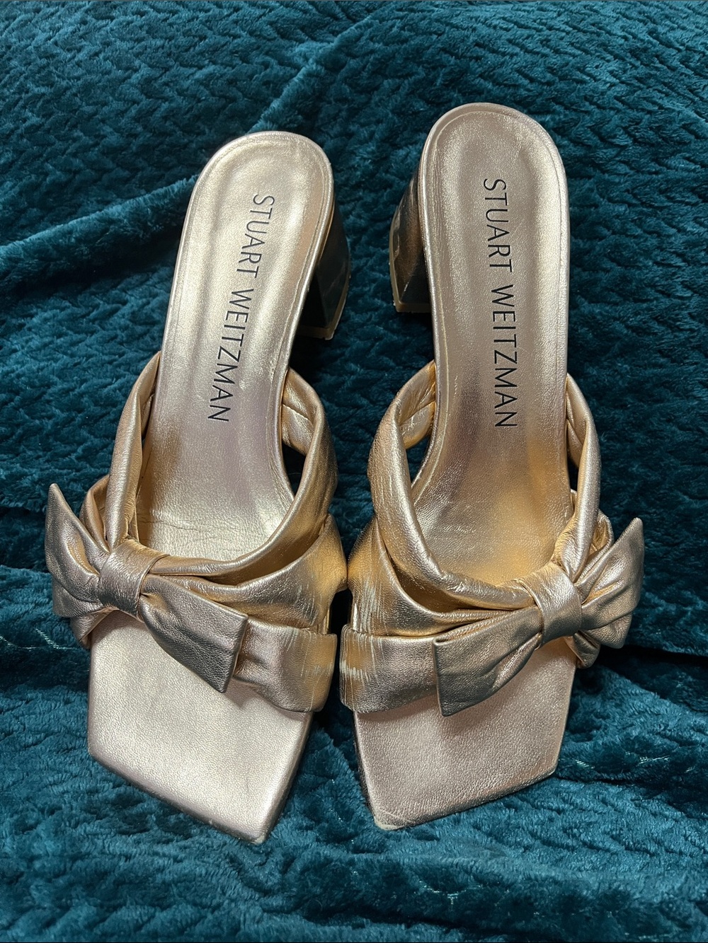 Stuart Weitzman Metallic Gold Bow Slide Sandals